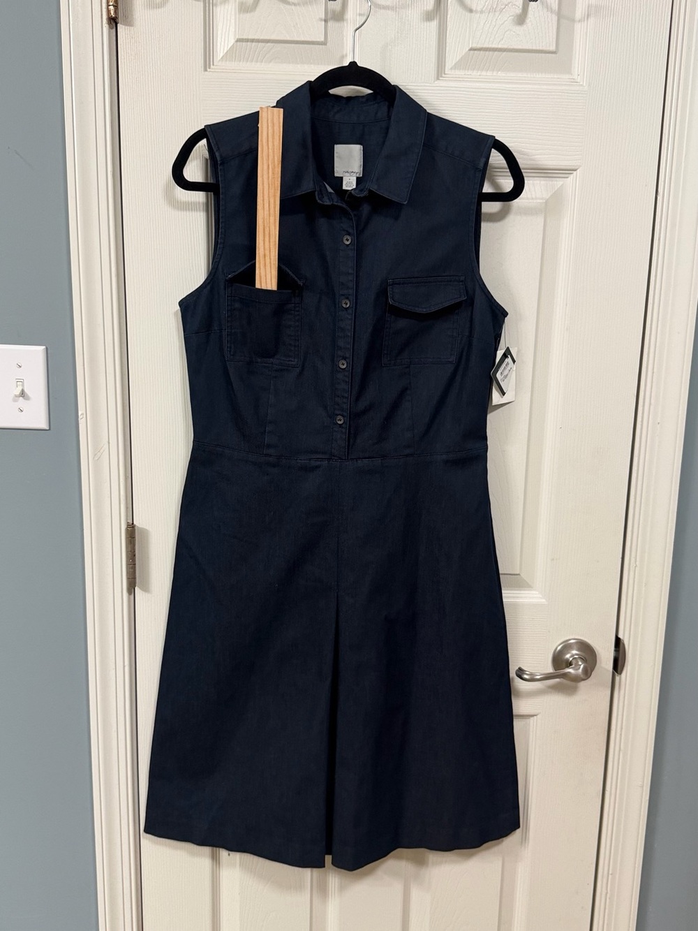 Sleeveless Denim Blue Dress Front Pleated Office Wear Career Cocktail - Picture 4 of 16